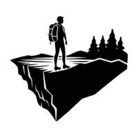 A bold hiker standing on a cliff edge and viewing the horizon silhouette vector