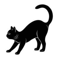 Dynamic silhouette depicting a barn cat elegantly stretching with an arched back on white background vector