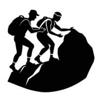 A kind hiker assisting another person to climb a steep rock silhouette vector