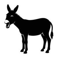 Energetic donkey vocalizing with open mouth and erect ears in isolated silhouette art vector