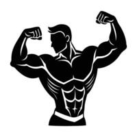 Powerful bodybuilder flexing biceps in dynamic pose captured in isolated line art silhouette vector