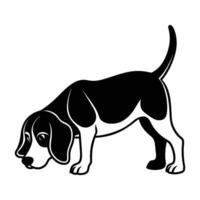 Alert beagle actively sniffing the ground with floppy ear in isolated silhouette vector