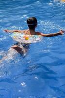 A boy floating in a pool photo
