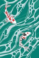 Natural illustration of green lake water and beautiful Koi fish with foam flow. Green color abstract texture vector