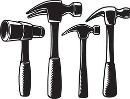 A black silhouette image of four hammers in different angles and perspectives. vector