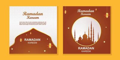 Ramadan template with Arabic style mosque window, lanterns and ketupat. Elegant design for social media posts, greeting cards and print media. vector