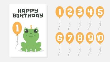 Greeting and invitation card for kids Happy Birthday. Cute frog and set of balloons with number in flat childrens style. illustration collection, design for card, poster, event, banner vector
