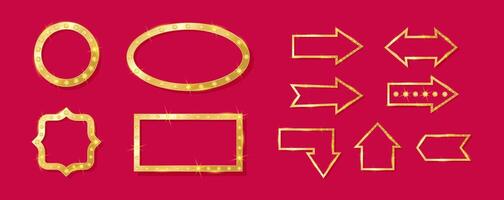Set retro frame and arrow with empty copy space. Golden shiny and glitter colors. illustration for casino, circus, cinema, movie, theater and other vector