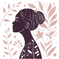 Elegant Floral Line Art Silhouette of a Woman in Profile with Botanical Elements March 8th International Womens Day png