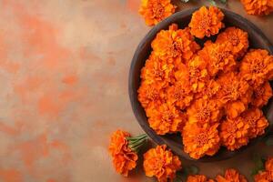 Marigold flowers in a wooden bowl on a rustic background, symbolizing Indian traditions and cultural celebrations photo