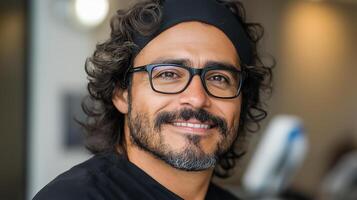 A man with glasses and a beard smiles for the camera photo