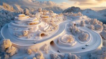 A snowy mountain road with a car driving down it photo