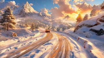 A car driving down a snowy road in the mountains photo