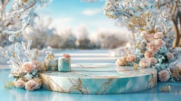 A marble table with flowers and a tree photo