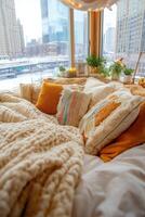A bed with pillows and blankets in front of a window photo