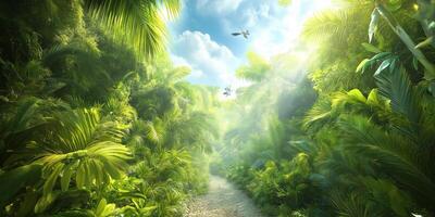 A path through the jungle with trees and birds photo