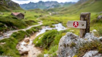 A wooden sign pointing to a trail in the mountains photo