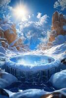 Winter landscape with a pool of water and snow photo