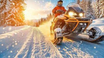 A man riding a snowmobile on a snowy road photo
