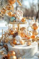 A cake with gold and white decorations on top photo