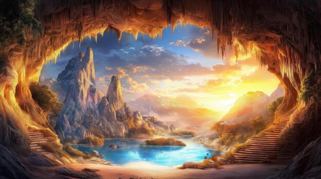 An image of a cave with a river and mountains photo