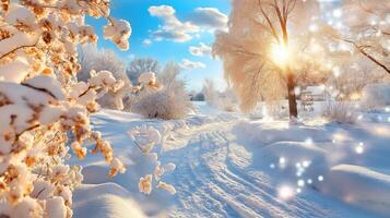 Winter landscape with snow covered trees and sun shining photo
