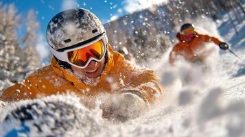 Two people in yellow jackets skiing down a snowy slope photo