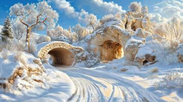 Winter landscape with a tunnel and trees photo