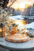 A marble table with flowers and a vase of gold photo