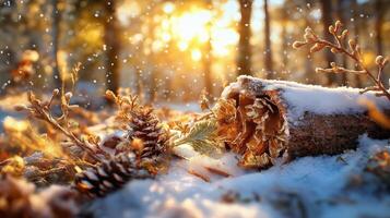 Winter landscape with snow and pine cones photo