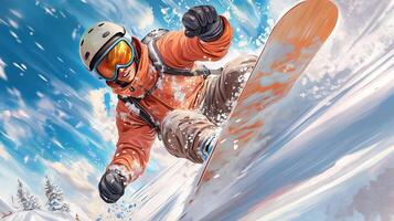 A snowboarder is going down a hill photo