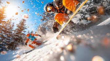 Two people are snowboarding down a snowy slope photo