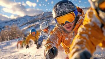 A group of skiers are going down a slope photo