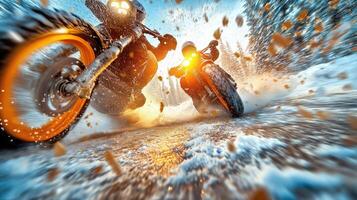 Two motorcycles are racing through the snow photo