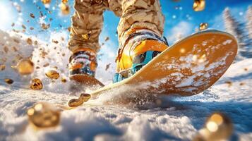 Snowboarder on snowboard with snow falling photo