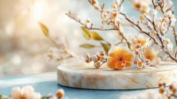 A white cake with flowers on top of a blue table photo
