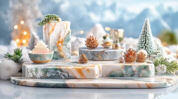 A marble tray with candles and other decorations photo