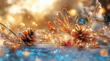 Christmas background with snow and pine cones photo