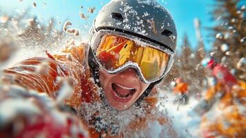 A person wearing goggles and a helmet is skiing photo
