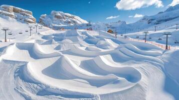 A snowboarder riding down a snow covered slope photo