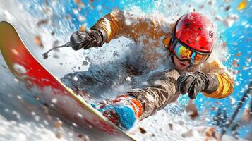 A snowboarder is going down a hill photo