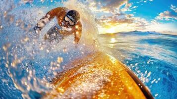 A surfer riding a wave at sunset photo
