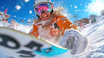A woman is riding a snowboard down a slope photo