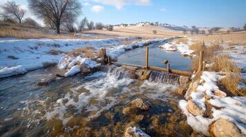 A stream running through a snowy field photo