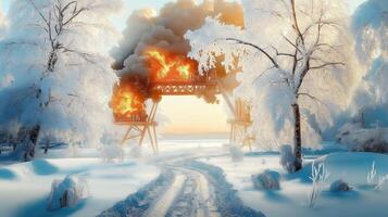 A snowy road with a fire burning in the distance photo