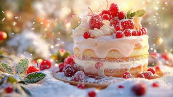 A cake with frosting and berries on top photo
