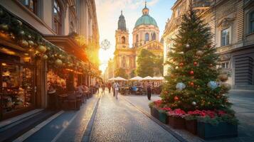 A christmas tree is in the middle of a street photo