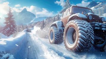 A large truck driving through the snow photo