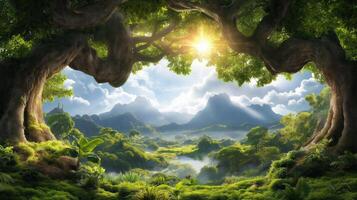 A forest scene with trees and a sun shining through photo