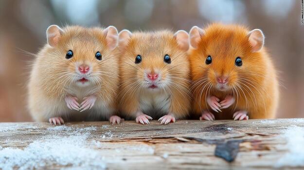 Three hamsters sitting on a log in the snow photo